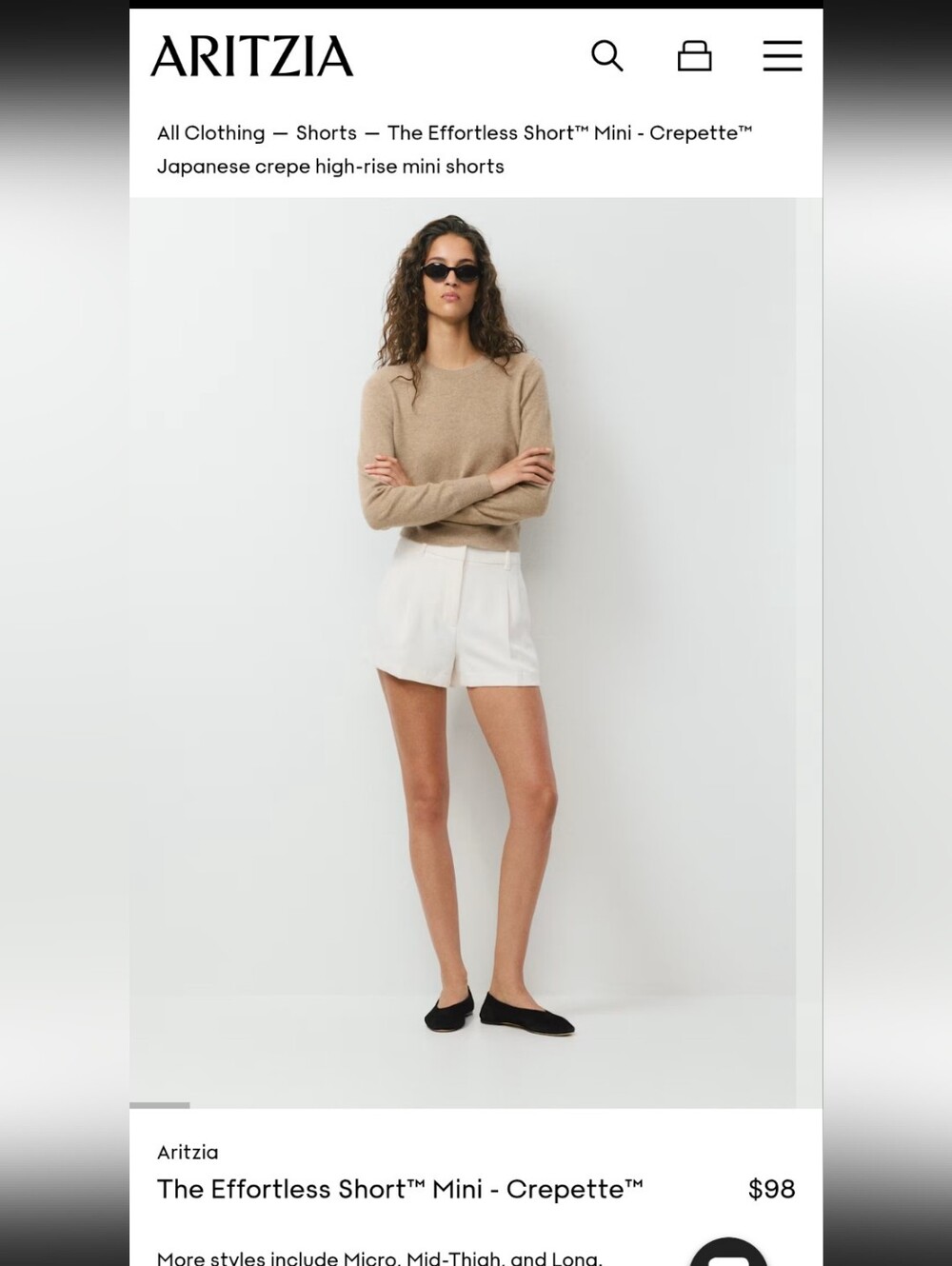 NWOT women's Aritzia the Effortless Short Mini Crepette high-rise,White,Size 00